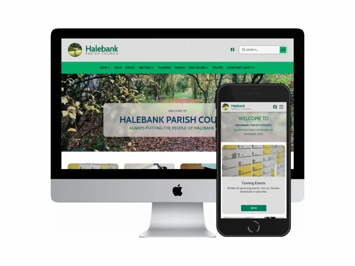 Desktop and mobile screenshots of the Halebank Parish Council website