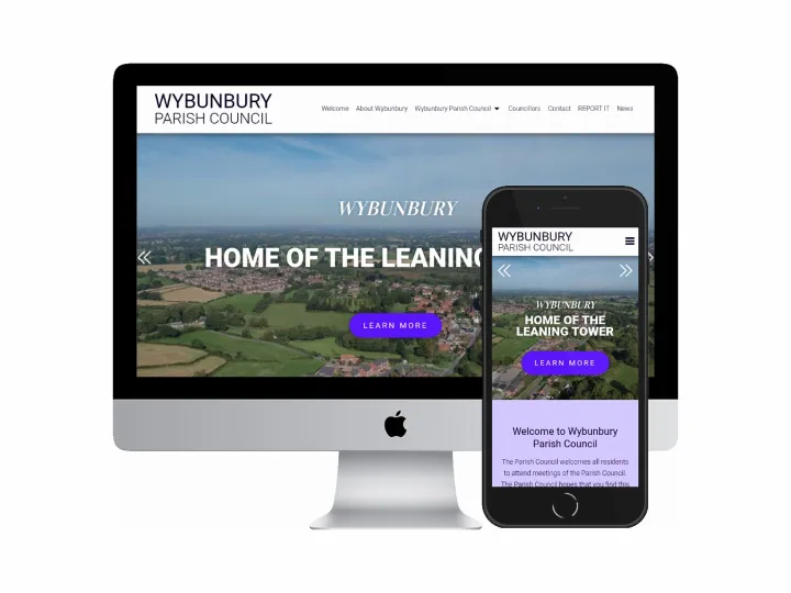 Desktop and mobile screenshots of the Wybunbury Parish Council website