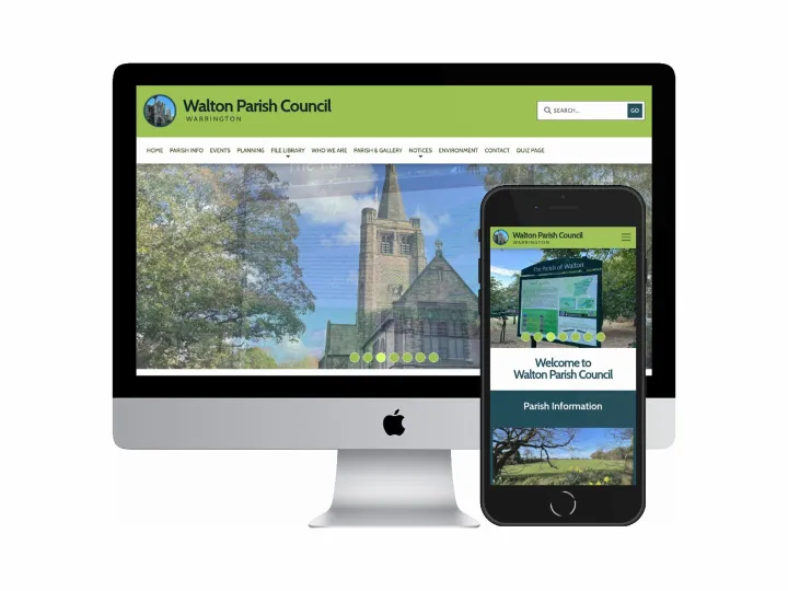 Desktop and mobile screenshots of the Walton Parish Council website