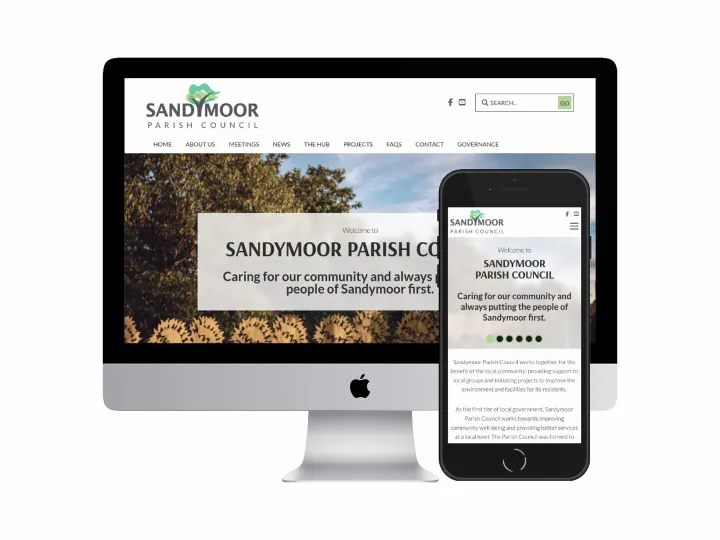 Desktop and mobile screenshots of the Sandymoor Parish Council website