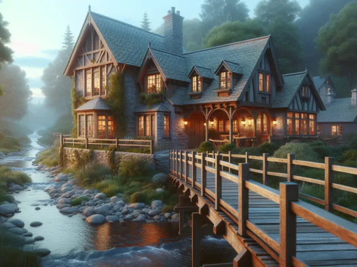 The Bridge Inn, a rustic stone and timber structure, stands by a flowing river, connected by a quaint wooden bridge. Warm light spills from its windows, promising a cosy retreat amidst the lush greenery and dappled evening light.