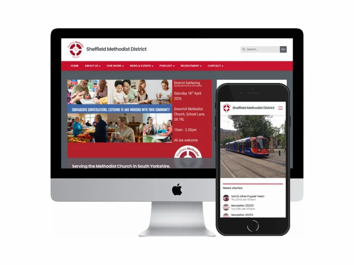 Desktop and mobile screenshots of the Sheffield Methodist District website