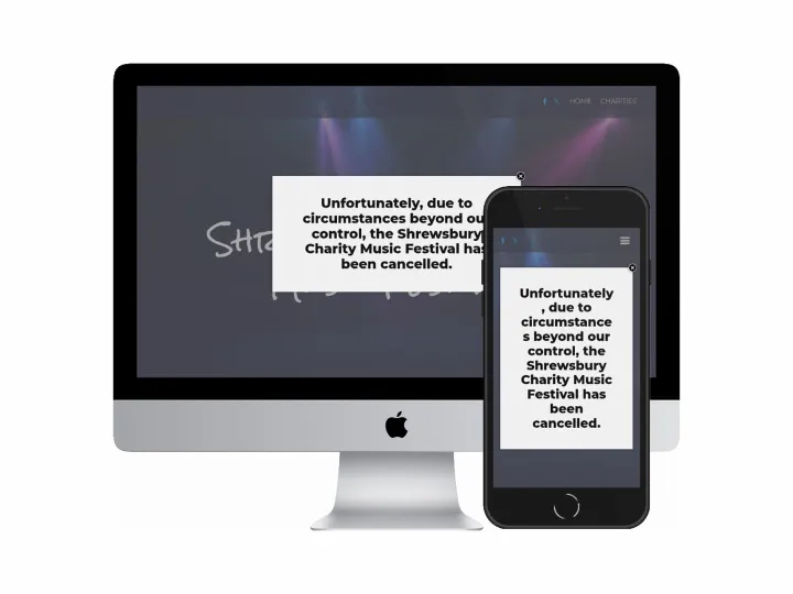Desktop and mobile screenshots of the Shrewsbury Charity Music Festival website