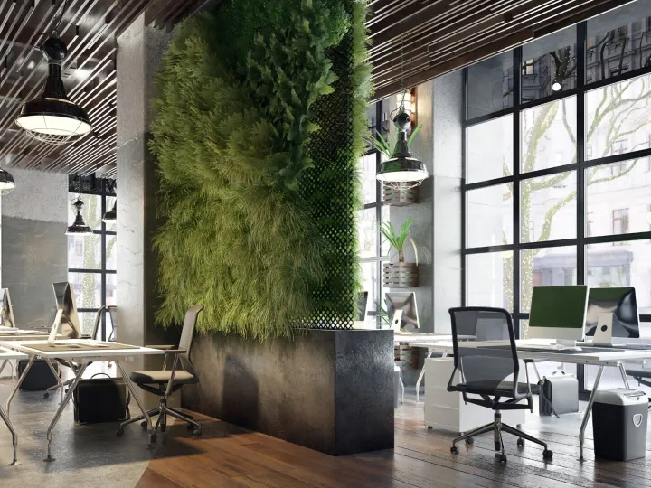 Restaurant or caf&eacute; interior with greenery wall