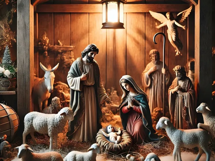 Christmas, nativity, nativity scene, holy family, christmas decor, holiday tradition, religious scene, christmas spirit, warm lighting, realistic details, cozy ambiance, craftsmanship